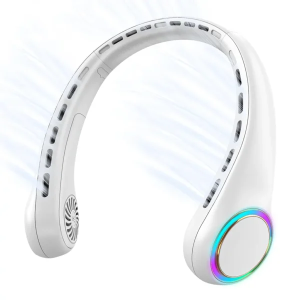 A white, wearable, bladeless neck fan with a colorful RGB light ring, shown blowing air against a white background.