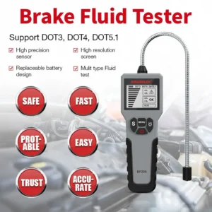 Infographics displaying the features and specifications of the KINGBOLEN BF200 Brake Fluid Tester, highlighting its high-resolution screen, universal probe, and compatibility with DOT3, DOT4, and DOT5.1 fluids.