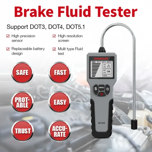 Infographics displaying the features and specifications of the KINGBOLEN BF200 Brake Fluid Tester, highlighting its high-resolution screen, universal probe, and compatibility with DOT3, DOT4, and DOT5.1 fluids.