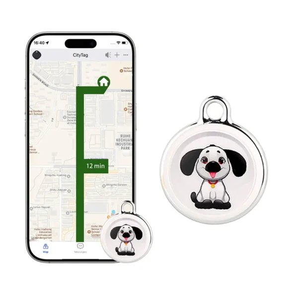 A small, round pet tracker with a cartoon dog design is shown next to a smartphone displaying its location on a map via the companion app.