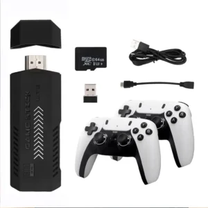 A complete kit of a plug-and-play retro game stick console, including the black HDMI stick, two white wireless controllers, a 64GB MicroSD card, and necessary cables, all laid out on a white background.