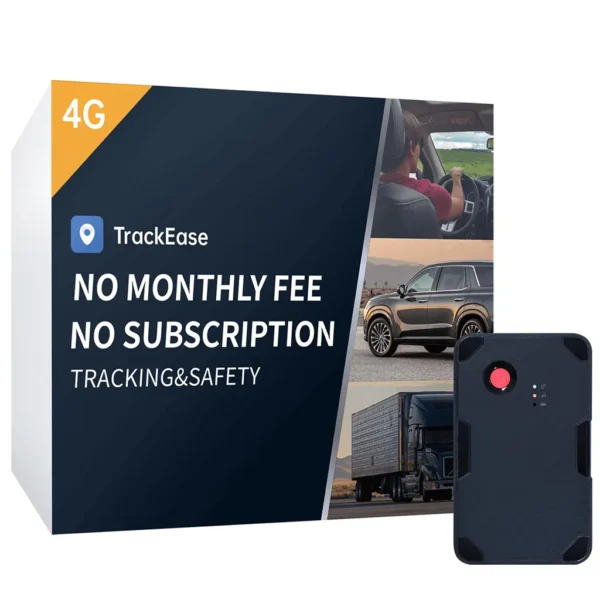 TrackEase 4G GPS tracker device next to its packaging, which highlights "No Monthly Fee" and shows applications for cars, SUVs, and trucks.