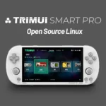 The white TRIMUI SMART PRO handheld console, showing its vibrant IPS screen with a game selection menu for classic systems like GBC and SFC.