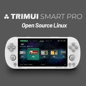 The white TRIMUI SMART PRO handheld console, showing its vibrant IPS screen with a game selection menu for classic systems like GBC and SFC.